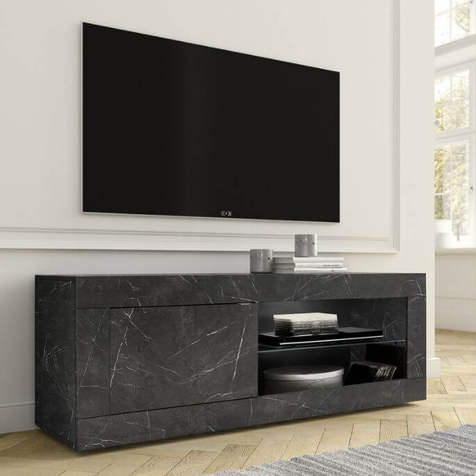 Meuble TV moderne 140 cm noir marbré Agathe